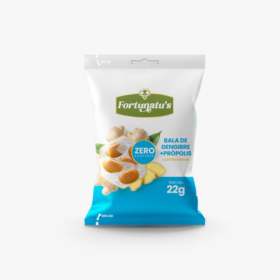 Embalagem amarela da bala de gengibre com mel e própolis, 38 g